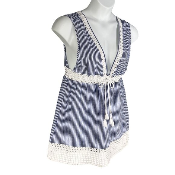 J Crew Women M 60% Linen Swim Dress Striped Eyelet Lace Tassel Drawstring Beachy - Picture 5 of 14